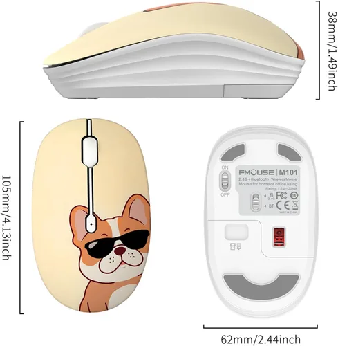 Vista 7 de FMOUSE Bonito mouse inalámbrico, Bluetooth y modo dual de 2.4 GHz con receptor USB, clic silencioso, alimentado por batería AA, para niños, Niña