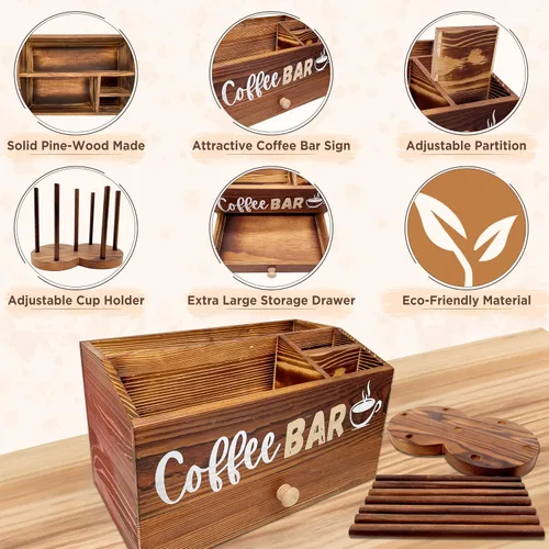 Vista 3 de Organizador de estación de café para encimera, organizador de madera para barra de café, cesta de almacenamiento con cajón, organizador