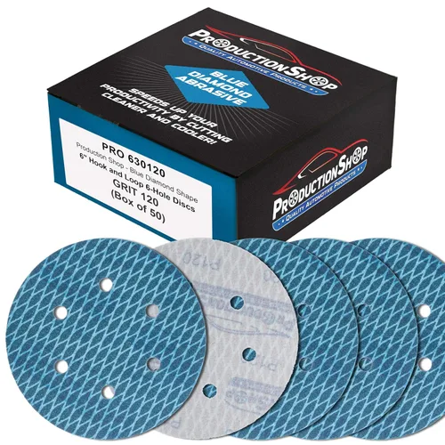 Vista 9 de ProductionShop Premium - Discos de lijado azules con forma de rombo de grano 80 de 6 pulgadas, 6 agujeros, caja de 50 – Papel de lija sin polvo