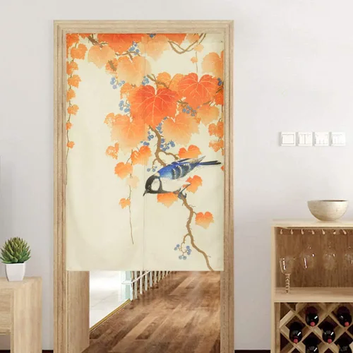 Vista 2 de Cortina japonesa Noren para puerta, pintura de tinta, hojas y pájaros, cortina para puerta, tapiz divisor de habitación, 33 x 47 pulgadas Bird 2