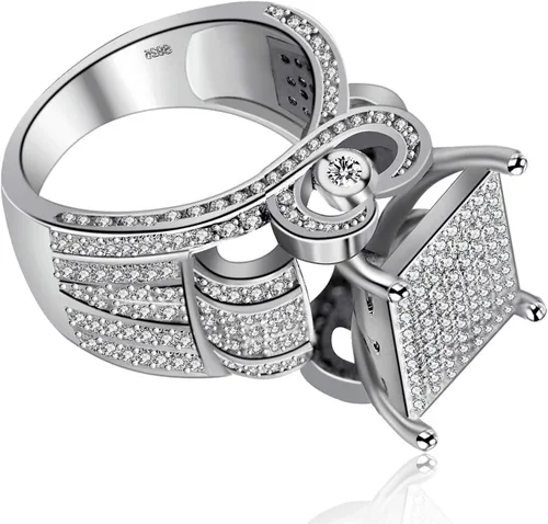Vista 4 de Uloveido Anillo cuadrado de 0.4 pulgadas de ancho para mujer, anillo de compromiso de arquitectura de corazón, anillo de cóctel para niñas RA0221