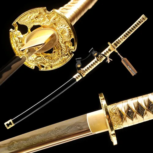 Vista 7 de 40.6 pulgadas de acero de alto carbono al horno dragón de oro japonés Katana Samurai Espada Full Tang jian