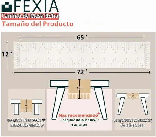 Vista 2 de FEXIA Camino de mesa bohemio para decoración del hogar, 12 x 72 pulgadas, decoración rústica de macramé Beige