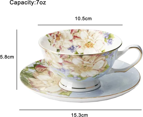 Vista 4 de Taza de té azul, juego de taza de té floral y platillo, juego de té de porcelana de hueso, taza de café, juego de té
