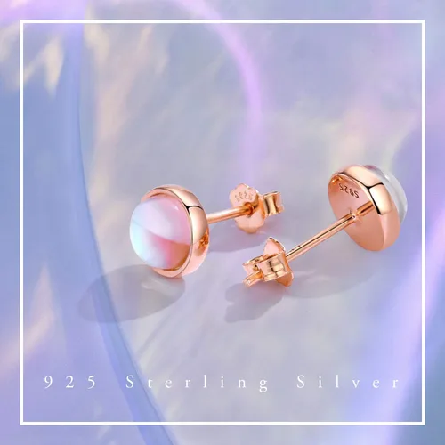 Vista 2 de Aretes para orejas sensibles, aretes de piedra lunar sintética, aretes redondos de plata de ley para mujer