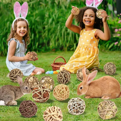 Vista 7 de Bolas de hierba masticables de conejito, juguetes masticables rodantes para animales pequeños, mejora la salud dental, juguetes masticables