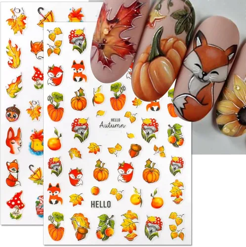 Vista 4 de Calcomanías de uñas de otoño 3D para mujer, hojas de arce de otoño, calcomanías de uñas para arte de uñas, dibujos animados, zorro, calabaza