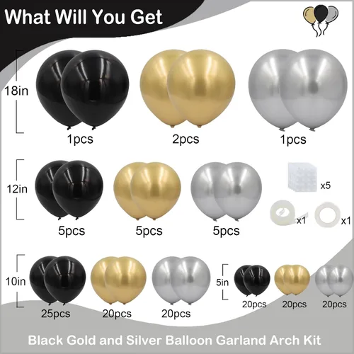 Vista 2 de Kit de arco de guirnalda de globos negros dorados plateados 144 piezas de diferentes tamaños, decoraciones para año nuevo, cumpleaños, boda