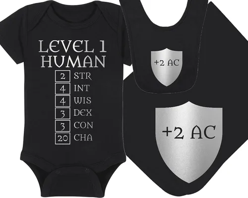 Vista 21 de Level 1 Human with Ability Scores - Gaming Baby Onesie - Hat - Blanket - Bib Package Combinations