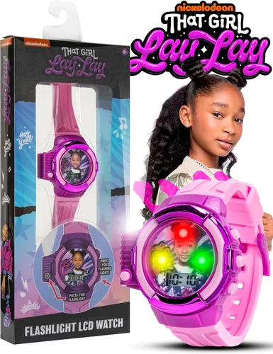 Vista 2 de That Girl Lay Lay - Reloj LCD con linterna para niños, diseño rosa y morado, pantalla digital, función iluminada, correa ajustable, construcción