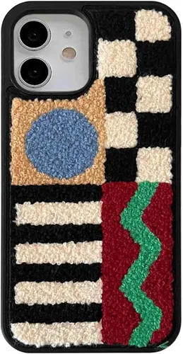 Vista 11 de Funda estética a cuadros compatible con iPhone 12 y iPhone 12 Pro, funda de alfombra mullida con bordado retro a cuadros para iPhone 12/12 Pro