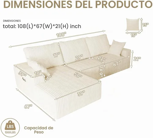 Vista 3 de Sofá modular de nube seccional de 108 pulgadas para sala de estar, asiento profundo en forma de L, sofá sin hueso con diván de gran tamaño, cómodo