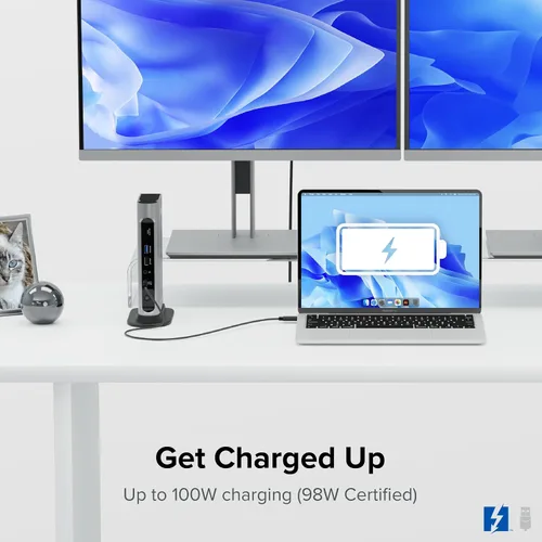 Vista 5 de Plugable Base Thunderbolt 4 16 en 1: monitores 4K duales para MacBook Air/Pro M4/M5, carga de 100 W, 2 HDMI, 2 puertos DisplayPort, Ethernet 2.5G, 7