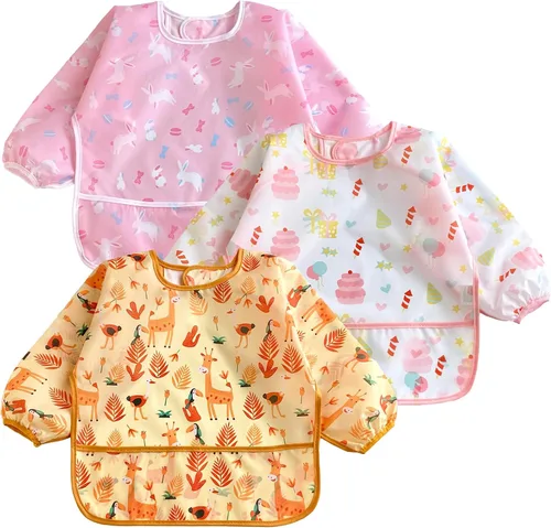 Vista 5 de PandaEar Paquete de 3 baberos de manga larga Babero impermeable de manga completa para bebés de 6 a 36 meses