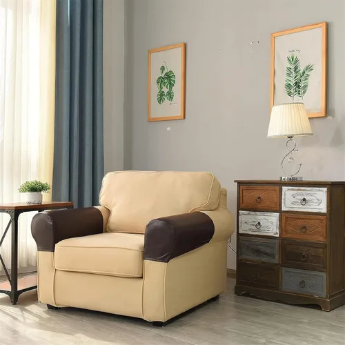 Vista 2 de Juego de 2 fundas para reposabrazos de sofá, funda elástica para sillón, de piel sintética, antideslizante, protector de muebles para sofá, silla