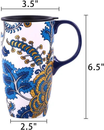 Vista 8 de DUSVALLY Taza de viaje de cerámica de 17oz con tapa, taza de café floral Azul