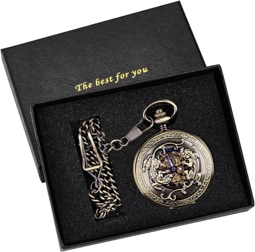 Vista 2 de Bronze Retro Mechanical Pocket Watch Skeleton Roman Numerals Hollow Mechanical Pocket Watches with Box M100