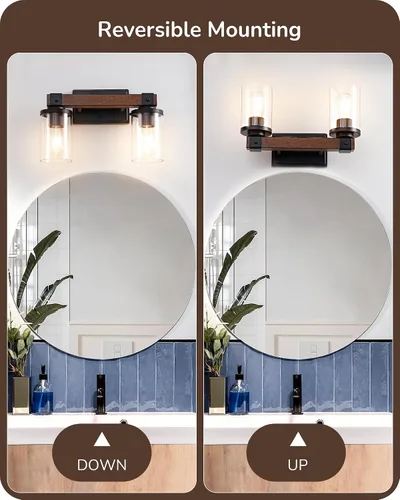 Vista 4 de EDISHINE - Apliques de pared de madera pintada de 2 luces, lámpara de tocador de granja Clear Glass Shade, Up & Down Mounting Optional, E26 Base