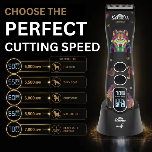 Vista 7 de Kenchii Flash 5 Dog Grooming Clipper, Wolf Edition Black, Cordless Negro