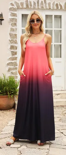 Vista 3 de Supnier - Vestido de verano largo para mujer, diseño con tirantes delgados, bolsillos, estampado floral, uso informal, estilo bohemio