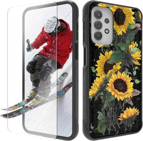 Vista 9 de Funda para Samsung Galaxy A13/A04/A04S/A23/A32 5G con protector de pantalla, parte trasera con textura de policarbonato duro, hermosa flor, diseño