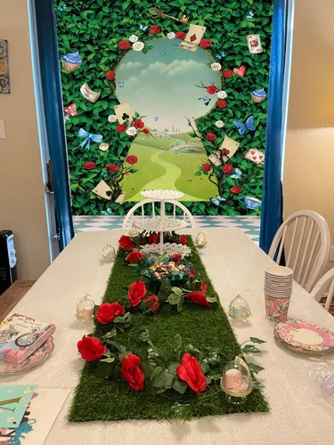 Vista 6 de Fondo para fotografía de fiesta de té de rosas, hojas verdes, sombrero mágico, decoración de tablero de ajedrez, princesa, niñas, cumpleaños