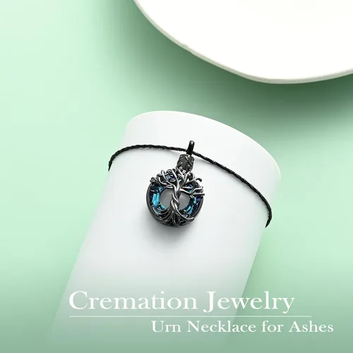 Vista 3 de shajwo Collar de cenizas de urna de cremación del árbol de la vida para mujeres y hombres, círculo de la vida, cristales de cremación, colgante