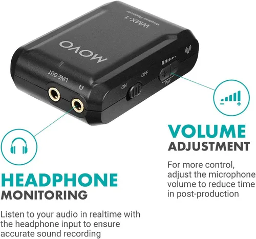 Vista 5 de Movo WMX-1 Sistema de micrófono inalámbrico Lavalier de 2.4 GHz compatible con cámaras DSLR, videocámaras, iPhone, teléfonos inteligentes Android