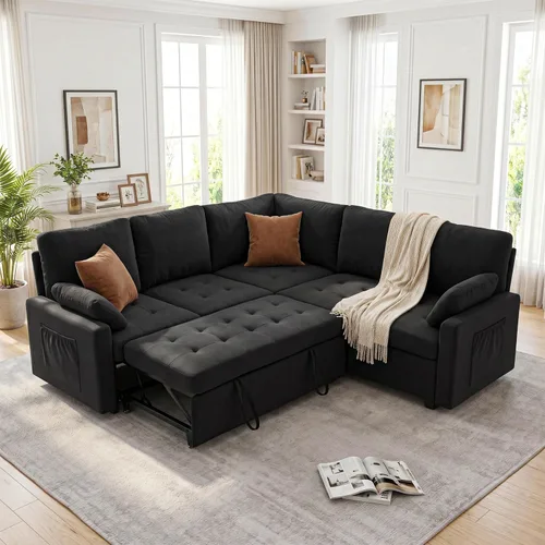 Vista 2 de Huatean Home Sofá extraíble de 82 pulgadas con almacenamiento, sofá cama, sofás modulares en forma de L de 5 asientos para sala de estar, felpilla