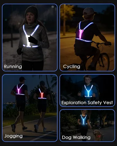 Vista 7 de Zacro LED Reflective Vest Running Gear, 5 Lights Colors High Visibility Reflective Gear Rechargeable Light Up Vest for Walking Running Cycling Azul