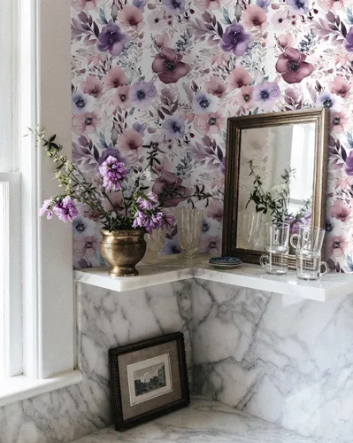 Vista 5 de HAOKHOME Papel tapiz floral para despegar y pegar, papel de pared extraíble, papel de vinilo color malva/púrpura/blanco para pegar en la pared