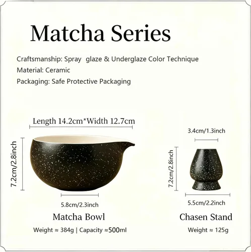 Vista 3 de Juego de batidor de matcha, kit de 7 piezas, juego de ceremonia de té matcha, chawan de cerámica negra con boquilla de vertido, bambú Chasen
