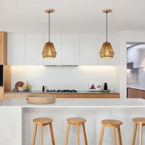 Vista 2 de Lámparas colgantes de ratán tejido de 6.7 pulgadas, paquete de 2 Toldo de madera de 6.7''+marrón