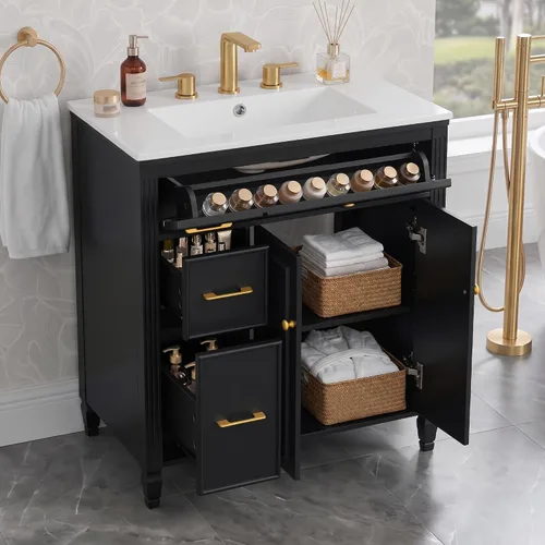 Vista 22 de Harper & Bright Designs Tocador de baño de 24 pulgadas con lavabo, tocador de lavabo individual independiente con una puerta y 3 cajones de cierre