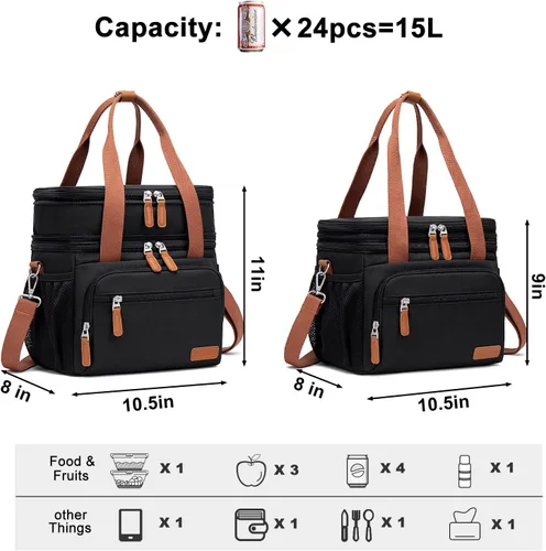 Vista 3 de Weitars Lonchera para mujeres y hombres, lonchera grande con doble compartimento para hombres, lonchera para adultos, para enfermeras, oficina, Caqui