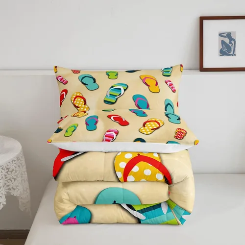Vista 5 de Erosebridal Juego de ropa de cama con temática costera de playa, juego de edredón con patrón de chanclas, relleno de edredón de verano oceánico