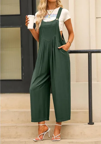 Vista 3 de luvamia Overol para mujer, casual, holgado, pierna ancha, bohemio, con bolsillos, overol con pechera