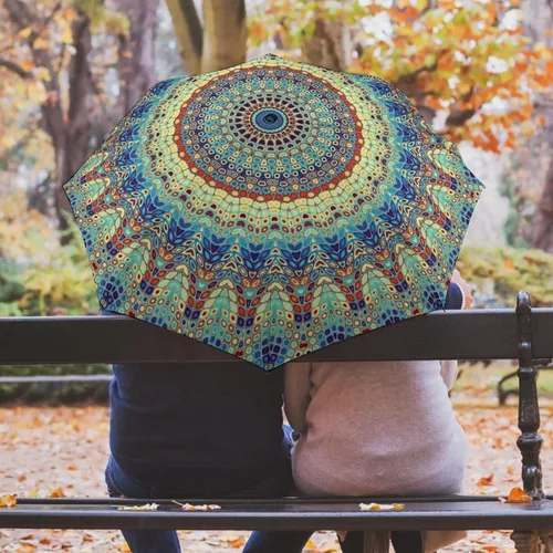 Vista 5 de Vhcawsu Elegante paraguas de mandala, estilo retro, étnico, resistente al viento, paraguas de viaje automático, compacto, plegable, para sol