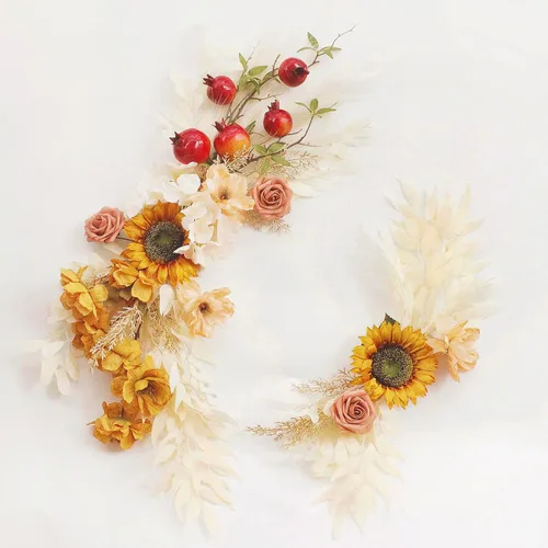 Vista 9 de 2 piezas de flores de arco de boda con girasoles artificiales con granada y hierba de las pampas, guirnaldas florales decorativas Champán