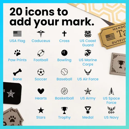 Vista 4 de ExcelMark Placas de nombre personalizadas: 20 iconos, 3 esquinas y 3-4 estilos de borde para elegir, placa de nombre de latón macizo, placa