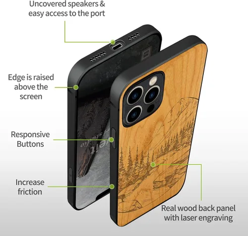 Vista 9 de Carveit Funda magnética de madera para iPhone 12 Pro [madera natural y TPU suave negro] a prueba de golpes, funda protectora de madera única
