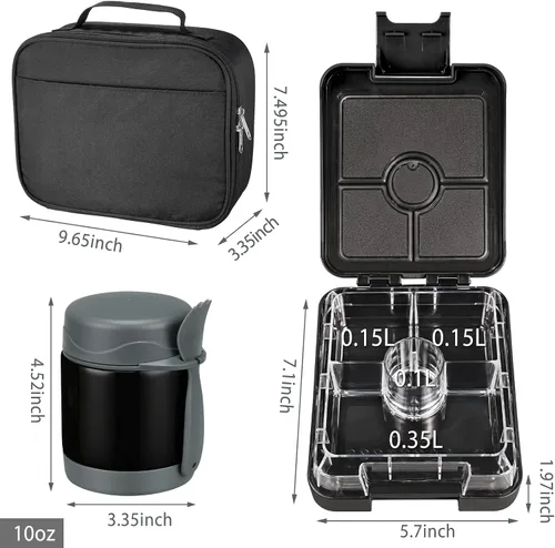 Vista 6 de Lonchera Bento para niños con termo de sopa de 10 onzas, recipientes de almuerzo a prueba de fugas con 4 compartimentos, tarro térmico para Negro
