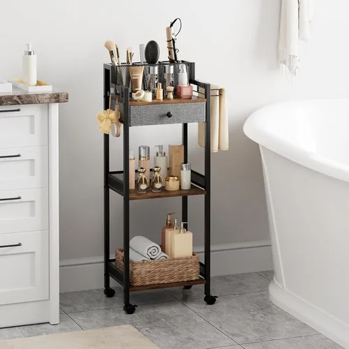 Vista 4 de Organizadores de almacenamiento de baño con cajón, unidad rodante de pie de metal de 3 niveles con soporte para papel higiénico, estante