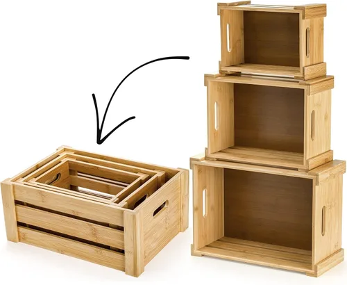 Vista 4 de Lawei Juego de 3 cajas de bambú con asas, caja de almacenamiento decorativa rústica, caja de almacenamiento para exhibición, cestas de bambú