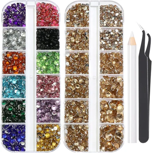 Vista 26 de 3520 diamantes de imitación de uñas color dorado champán para uñas, multiformas con parte trasera plana, diamantes de imitación redondos