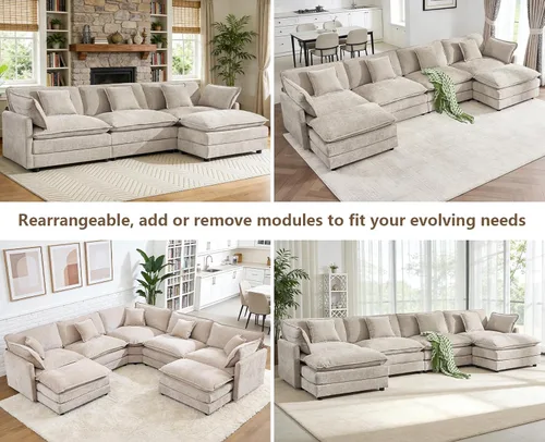 Vista 6 de Sofá modular de gran tamaño, sofá grande en forma de U con asiento profundo, sofás de nube de felpilla para sala de estar, sofá modular convertible