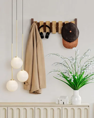 Vista 2 de Perchero de Pared de Madera, Perchero de Pared de Madera con 6 Ganchos Magnéticos Abatibles Piano Perchero de Pared para Entrada, Baño, Dormitorio
