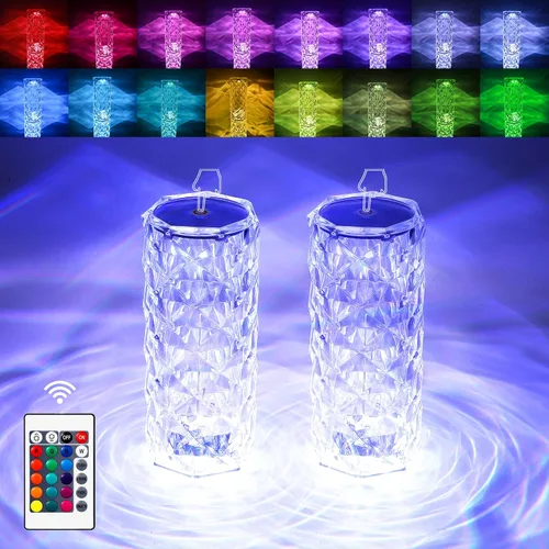 Vista 6 de Lámpara de vidrio con control táctil rosa - Lámpara de mesa LED regulable de 16 colores, lámpara de mesa pequeña operada por batería para recámara