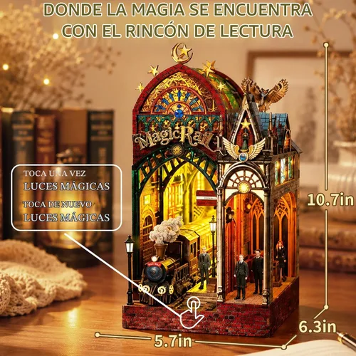 Vista 7 de Rompecabezas de madera 3D, kit de rincón de libros, estación de tren mágico con luces LED y música, kits de rompecabezas de madera en miniatura