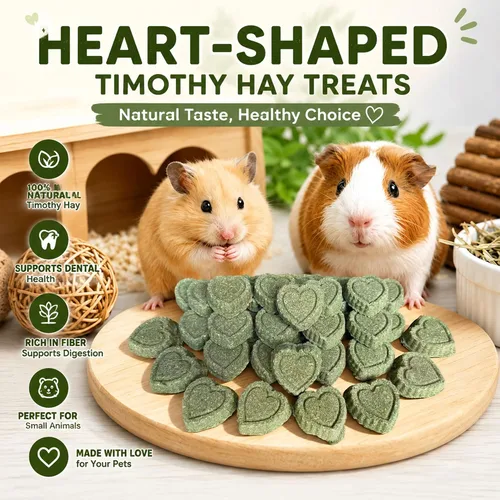 Vista 2 de Heno de alfalfa 100% natural, 36 piezas, galletas molares de hierba en forma de corazón, aperitivos diarios saludables sin aditivos para conejos